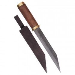 Seax Knife W/ Damascus Steel Blade & Brown Suede Sheath